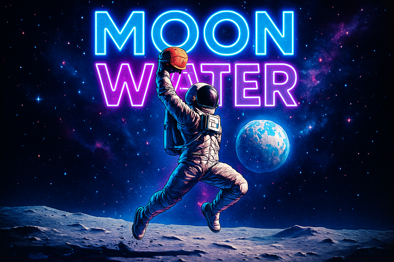 space man jumping looking like he is about to slam dunk on the moon, with the Words moon water in the background one word above the other, with vibrant colors 